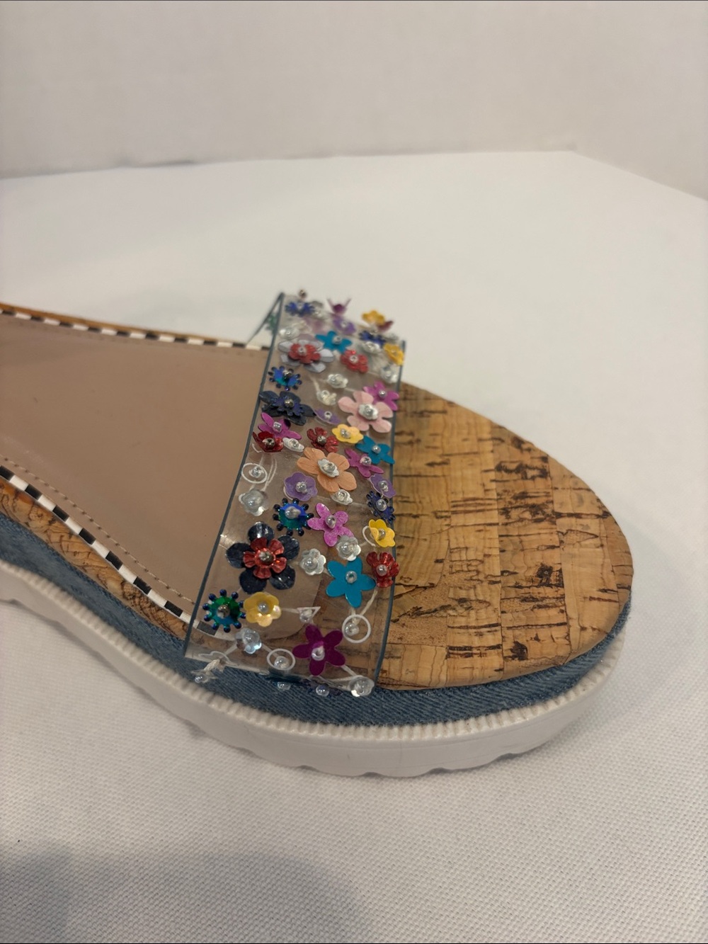 Betsey Johnson cork platform Denim Wedge Sandals with Floral Sequins straps. 9 - Picture 5 of 10